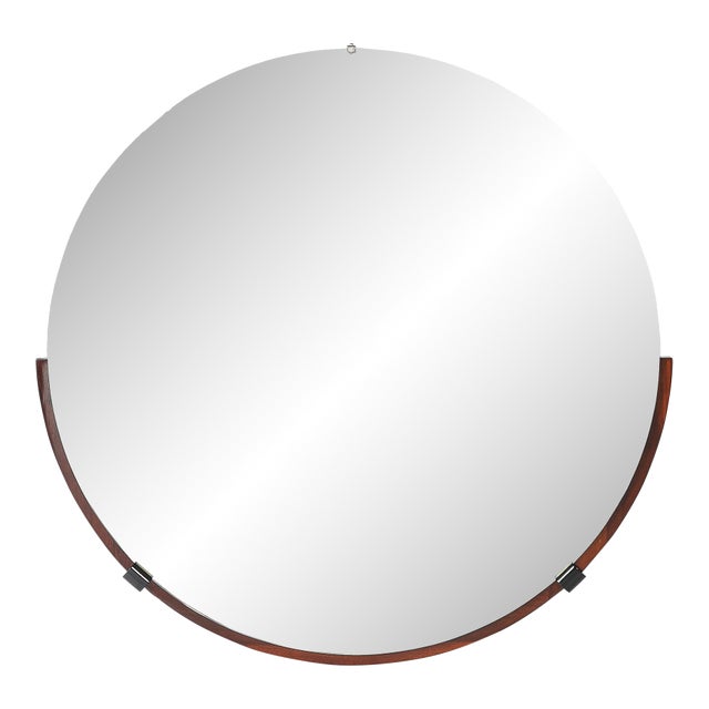 Art Deco Round Mirror With Walnut & Black Lacquer Half Border Detailing For Sale