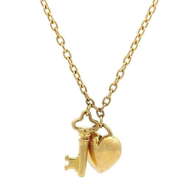 Tiffany and Co. Tiffany & Co.18k Yellow Gold Puff Heart Lock & Key Pendant Necklace For Sale - Image 4 of 9