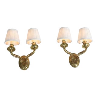 Vintage French Empire Hollywood Regency Style Brass Double Arm Wall Sconces, 1940s, Set of 2 For Sale