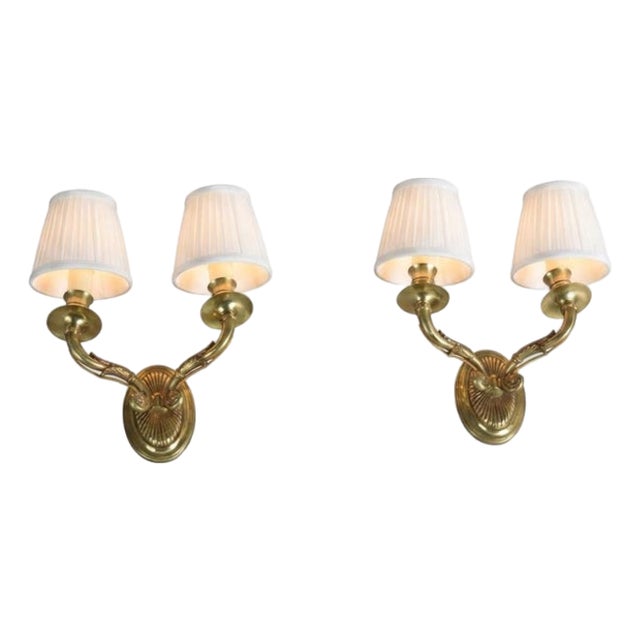 Vintage French Empire Hollywood Regency Style Brass Double Arm Wall Sconces, 1940s, Set of 2 For Sale