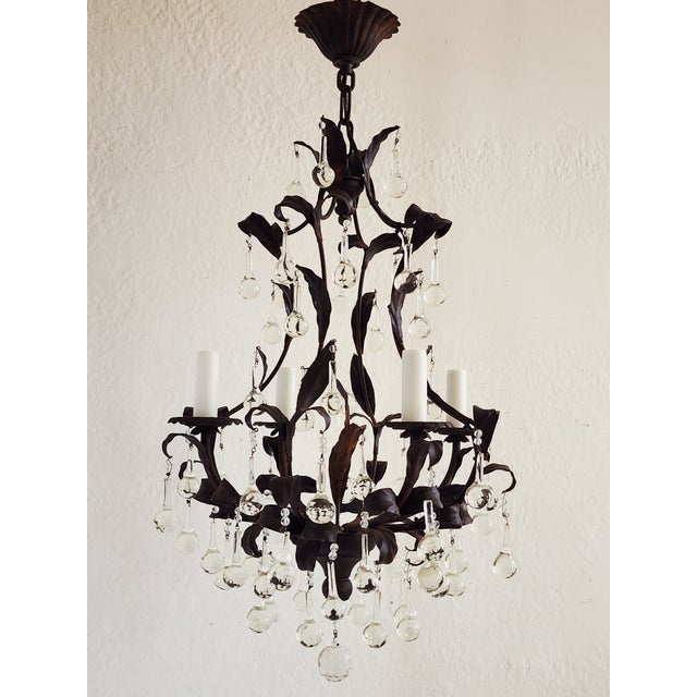 1950s French Style Wrought Iron & Tole Chandelier With Crystals For Sale - Image 11 of 11