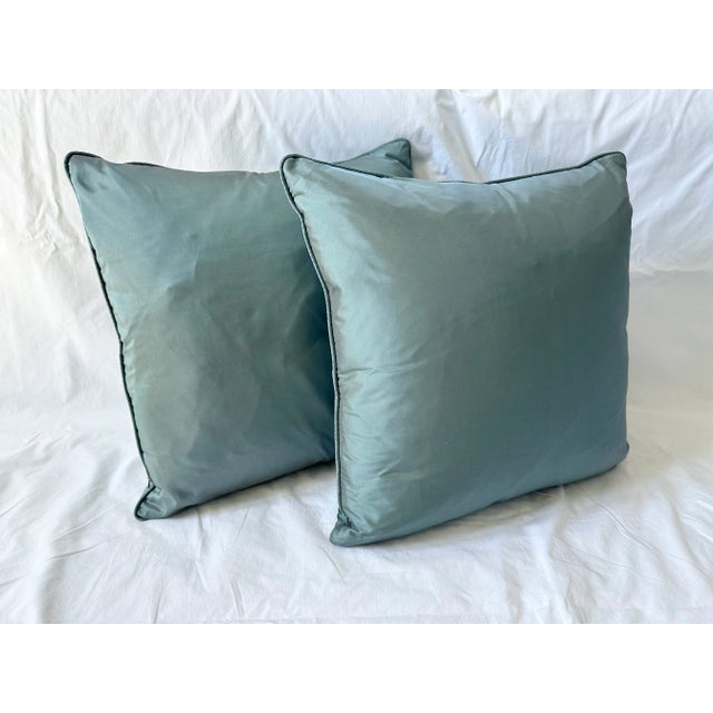 Pair of custom made, occasionally used Blue-Green Silk-Cotton Square Pillows and 75% grey duck feathers/25% duck down...