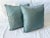 Pair of custom made, occasionally used Blue-Green Silk-Cotton Square Pillows and 75% grey duck feathers/25% duck down...