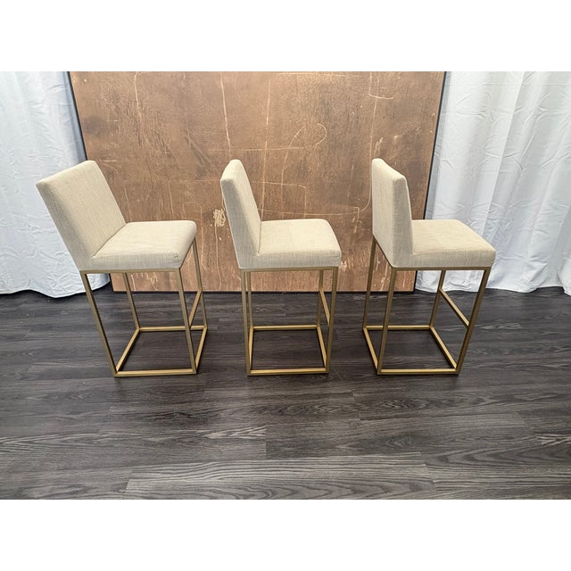 Rh Emery Armless Fabric Counter Stools – Set of 3 Perennials® Performance Textured Linen Weave – Sand | Burnished Brass | Counter Height For Sale - Image 9 of 18