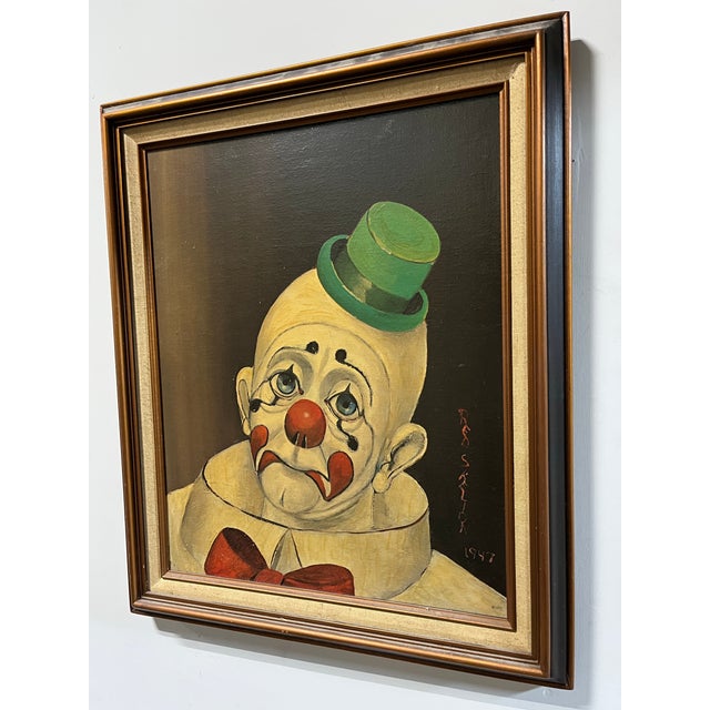 Mid-Century Modern Vintage Red Skelton Clown Portrait Painting Print, Canvas on Wood, 1972 For Sale - Image 3 of 12