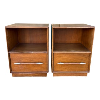 1950s T. H. Robsjohn Gibbings for Widdicomb Mahogany Side Tables Metal Accents For Sale