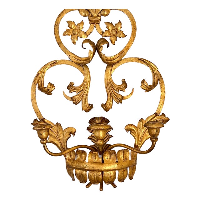 Beautiful vintage tole 3-arm candle sconce // Italian toleware // gilt // gold leaf // made in Italy // grandmillenial decor // preppy For Sale