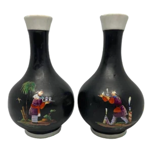 Vintage Mid 20th Century Asian Handcrafted Porcelain Black & White Vases With Four Decorative Scenes - a Pair