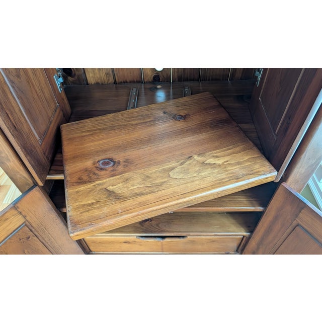 1990s Rustic Wood Entertainment Armoire Cabinet – Traditional Style With Crown Molding & Paneled Doors For Sale - Image 5 of 13