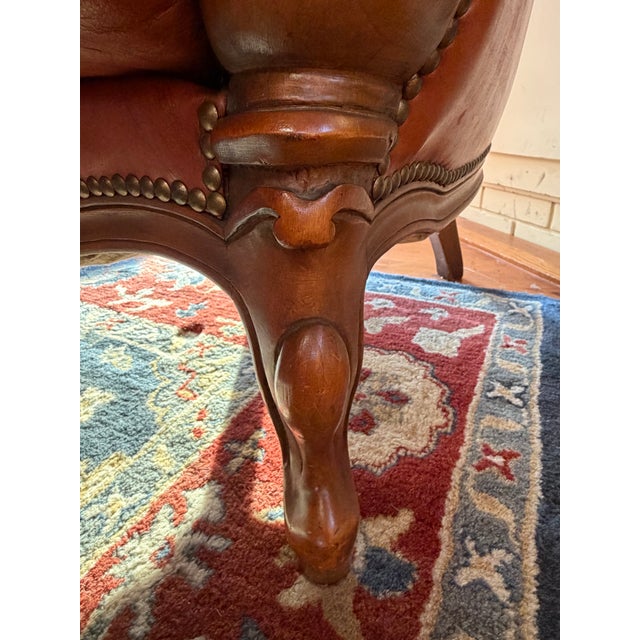 Chestnut Pair of Victorian Style Tufted Leather Armchairs With Carved Wood Frames, Vintage For Sale - Image 8 of 10