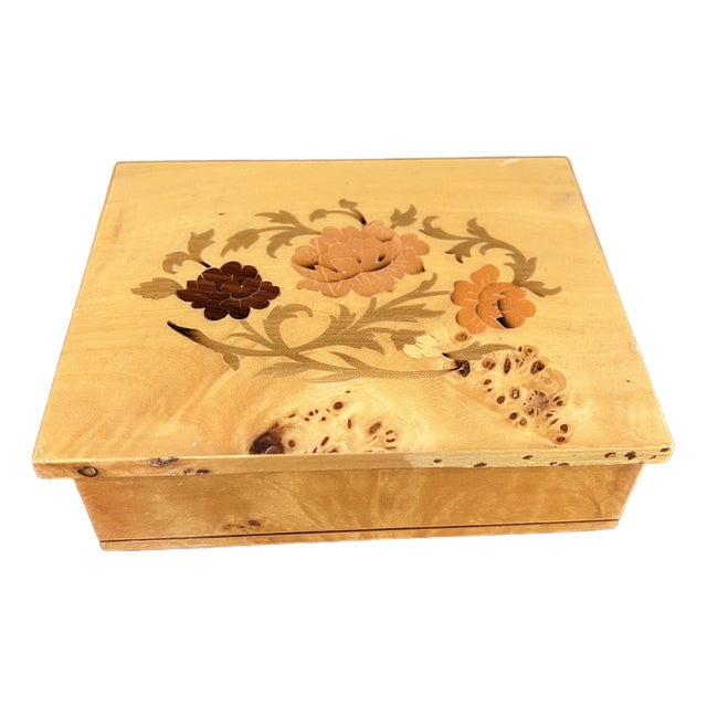 1970s Small Wooden Jewelry Box With Floral Details For Sale