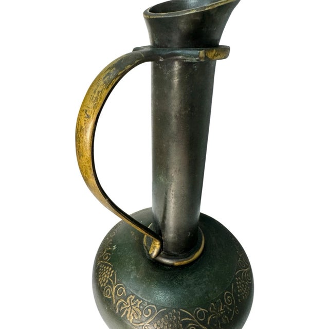1990s Vintage Israeli Brass Bud Vase Ewer Grapevine Engraved Patina Israel For Sale - Image 5 of 14