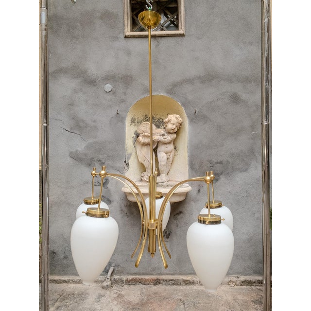 Brass 1950s Stilnovo Elegant Five-Arm Brass Chandelier With Frosted Glass Drops For Sale - Image 8 of 8