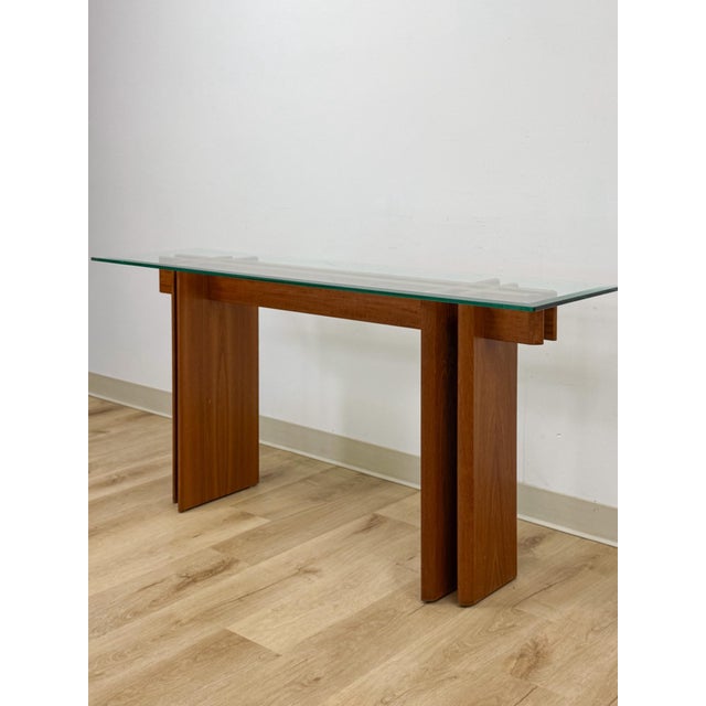 Vintage MCM Danish Teak Puzzle Console Table, Glass Top Mid Century, Entry Table, Danish Modern Sofa Table For Sale - Image 14 of 17