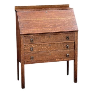 Antique Early 20th Century Quarter Sawn Oak Drop Front Secretary With Drawers - Solid Wood Accent Chest With Ring Pulls For Sale