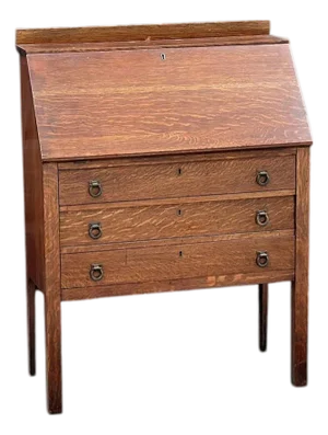 Antique Early 20th Century Quarter Sawn Oak Drop Front Secretary With Drawers - Solid Wood Accent Chest With Ring Pulls