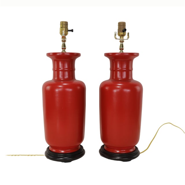 Ceramic Chinese Hand-Painted Red Glazed Ceramic Table Lamps - Pair For Sale - Image 7 of 7