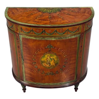 Edwardian, Adams Paint Decorated Demilune Cabinet, Inlaid Wood, 19th C. For Sale