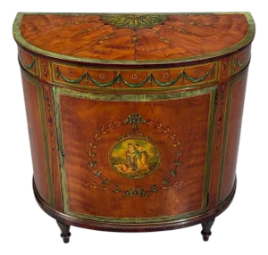 Edwardian, Adams Paint Decorated Demilune Cabinet, Inlaid Wood, 19th C.
