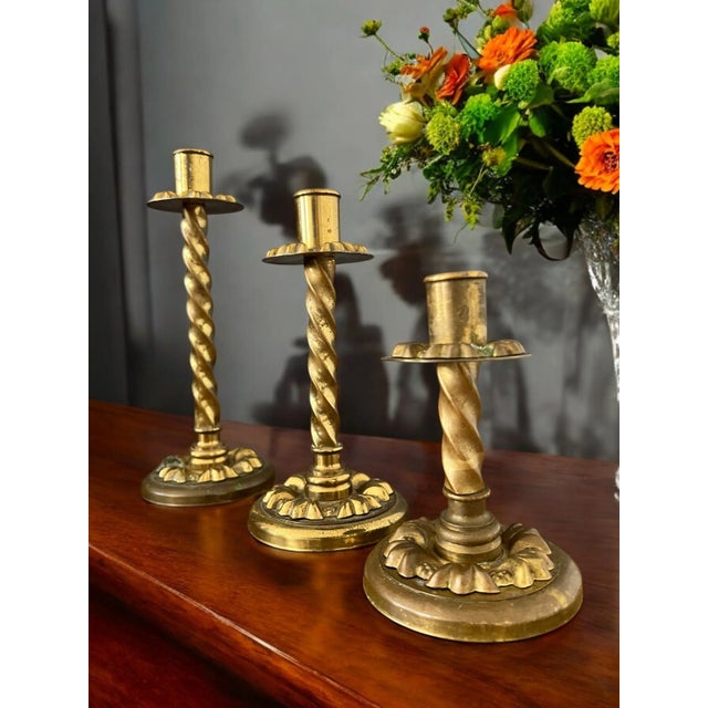 Victorian Set of 3 Antique Brass Candle Holder For Sale - Image 3 of 12