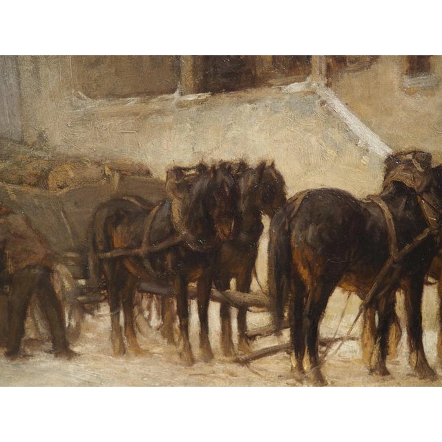 Antique Oil on Canvas, Loading the Wagon at the Stables in Winter, Circa 1890 For Sale - Image 10 of 12