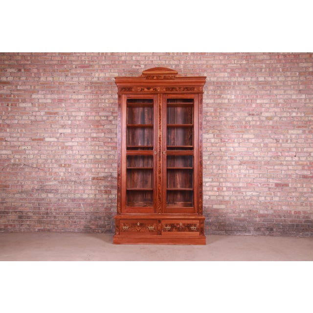 Antique Monumental Eastlake Victorian Burled Walnut Bookcase, Circa