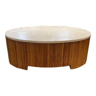 1970s Mid Mod Oval Travertine & Pencil Reed Coffeee 54" For Sale