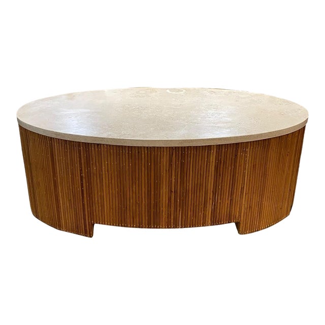 1970s Mid Mod Oval Travertine & Pencil Reed Coffeee 54" For Sale
