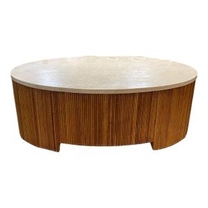 1970s Mid Mod Oval Travertine & Pencil Reed Coffeee 54"