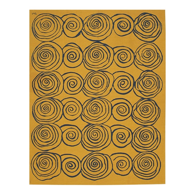 6x9 Stylish Iris Goldenrod Kilim Fluid Spirals Modern Handwoven Wool Carpet Rug For Sale