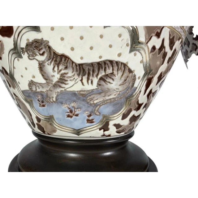 Frederick Cooper Vintage Porcelain Pair Lamps With Monkeys & Tiger Motif Frederick Cooper For Sale - Image 4 of 12