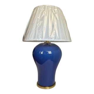 Lauren Ralph Lauren High Gloss Cobalt Blue Ceramic & Brass Table Lamp With Original Shade For Sale
