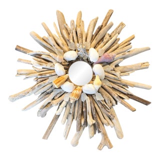Handcrafted Front Door Wreath Driftwood & Seashell Sunburst Mirror – Coastal Organic Wall Decor – 23 For Sale