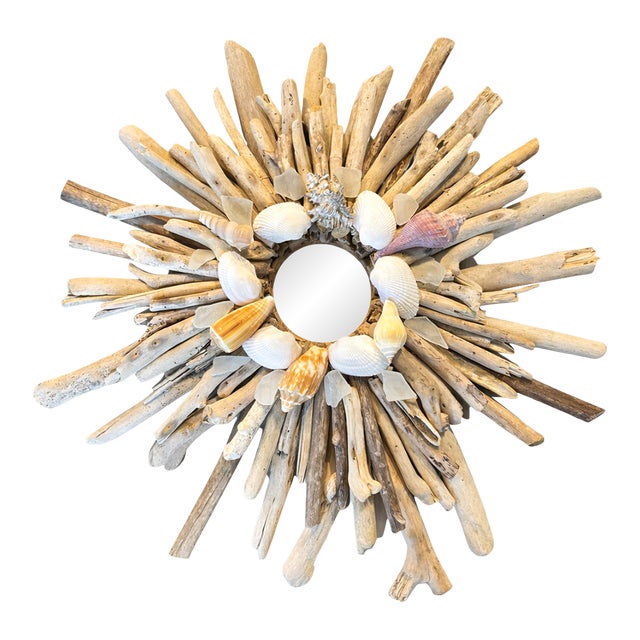 Handcrafted Front Door Wreath Driftwood & Seashell Sunburst Mirror – Coastal Organic Wall Decor – 23 For Sale