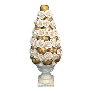 1950s Mid-Century Italian Creamware Fruit & Floral Topiary Gilded Apples Tall Urn Shaped Sculpture Signed