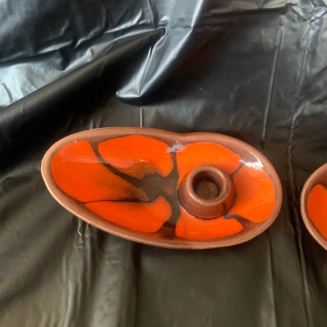 Mid-Century Modern Mid Century Modern Pottery Candlestick Holders With Orange and Brown Glaze 1970s - Pair For Sale - Image 3 of 6