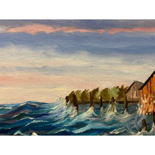 Rustic Vintage Nautical Harbor Fishing Shacks Oil Painting, Framed For Sale - Image 3 of 11