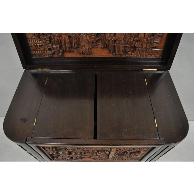 Vintage J L George Zee Style Chinese Figural Carved Teak Wood Flip Top Dry Bar Cabinet, Attributed For Sale - Image 13 of 18