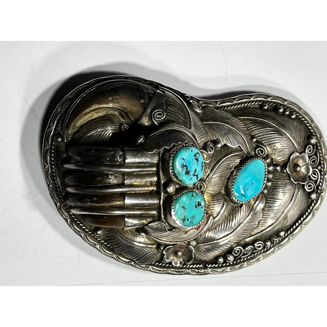 Vintage Native American, Claw Turquoise and Sterling Silver Belt Buckle For Sale In South Bend - Image 6 of 10