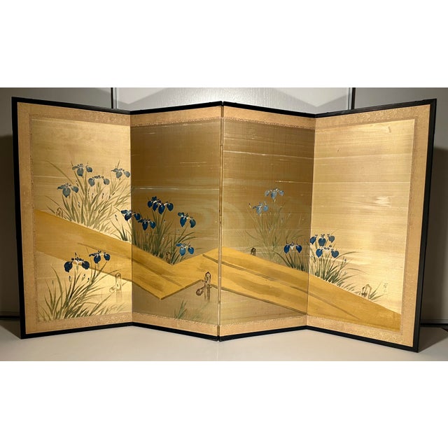 Vintage Japanese 4-Panel Byobu Folding Screen “Irises” Hand-Painted on Silk Gold Ground 66” x 36” Kyoto Description:...