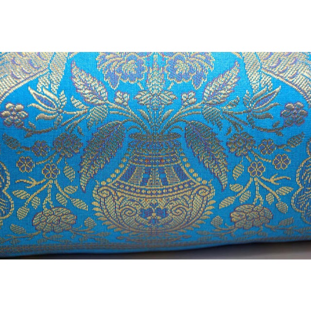 Indian Bolster Pillows Turquoise Blue and Gold Colors with Peacock - A Pair For Sale - Image 3 of 13