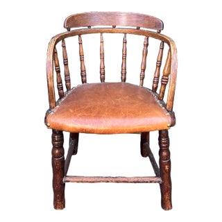 Antique Child’s Windsor Barrel Chair With Leather Seat For Sale