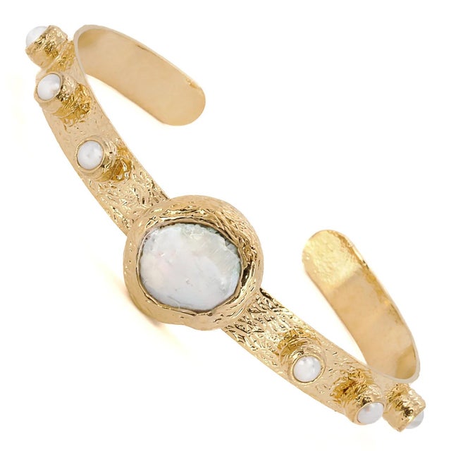 Contemporary Cleopatra Gold & Pearl Stone Cuff Bracelet For Sale - Image 3 of 6