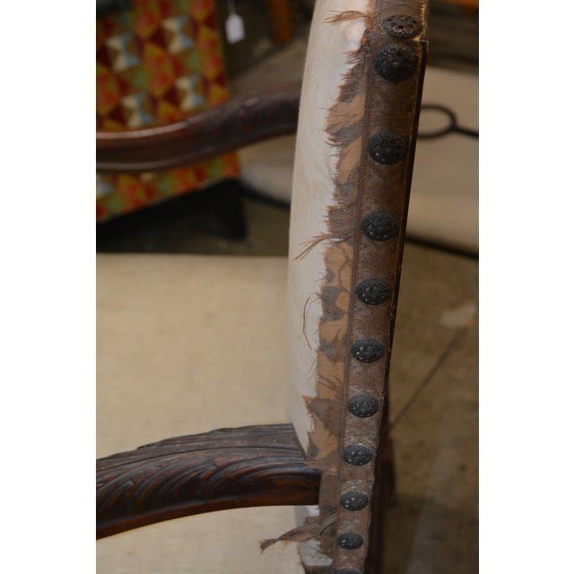 Wood Antique Carved Wood Arm / Throne Chair Straw / Hair Stuffed W/ Metal Rivets For Sale - Image 7 of 17