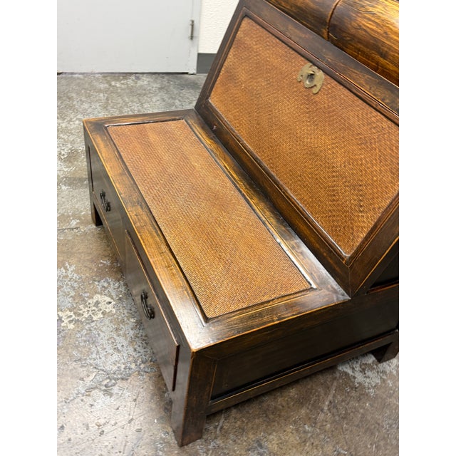 Asian Asian Wooden Storage Bench + Cane Panels, Vintage For Sale - Image 3 of 12