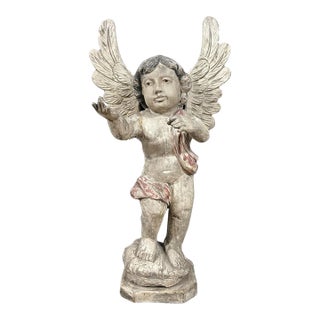 Vintage Hand Carved Wooden Standing Angel With Glass Eyes Sculpture For Sale