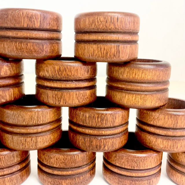 Burnt Umber Mid-Century Brutalist French European Walnut Wooden Napkin Rings - Set of 18. For Sale - Image 8 of 8
