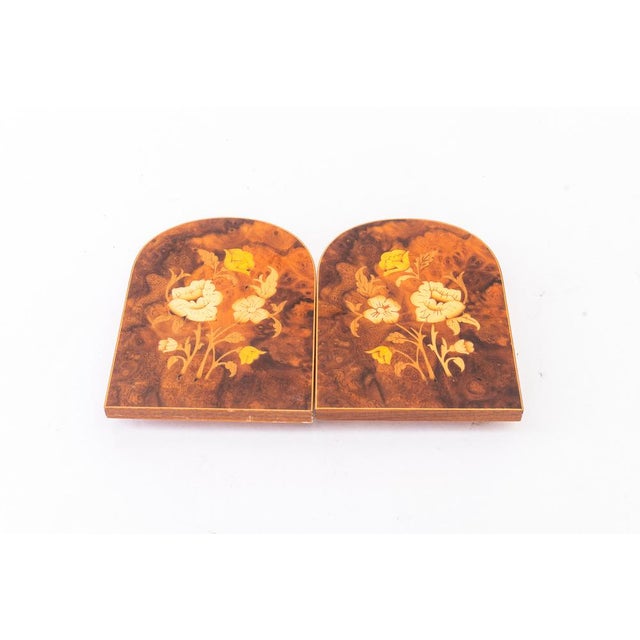 2 Bookends polished wood with inlays around 1960s Polished