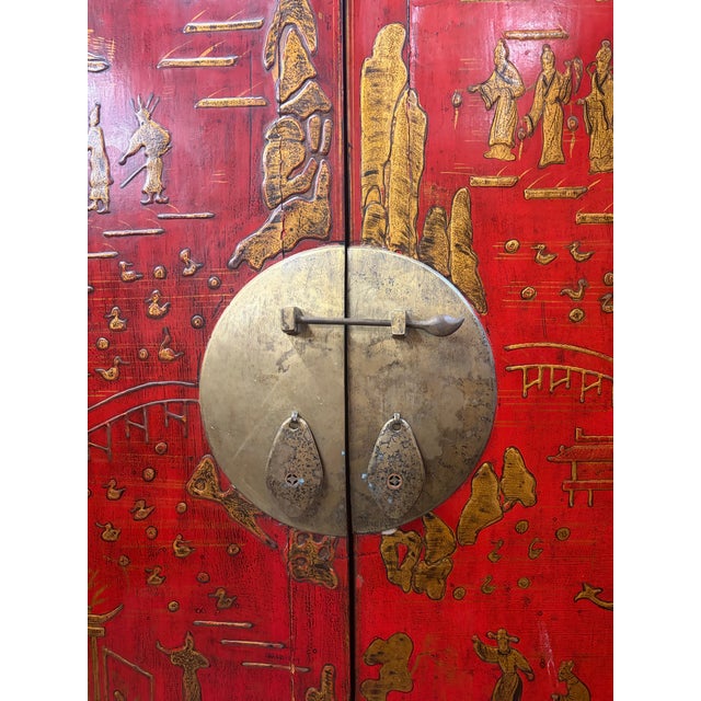 Early 20th Century Pair Antique Red Chinoiserie Wedding Cabinets Armoires For Sale - Image 5 of 10