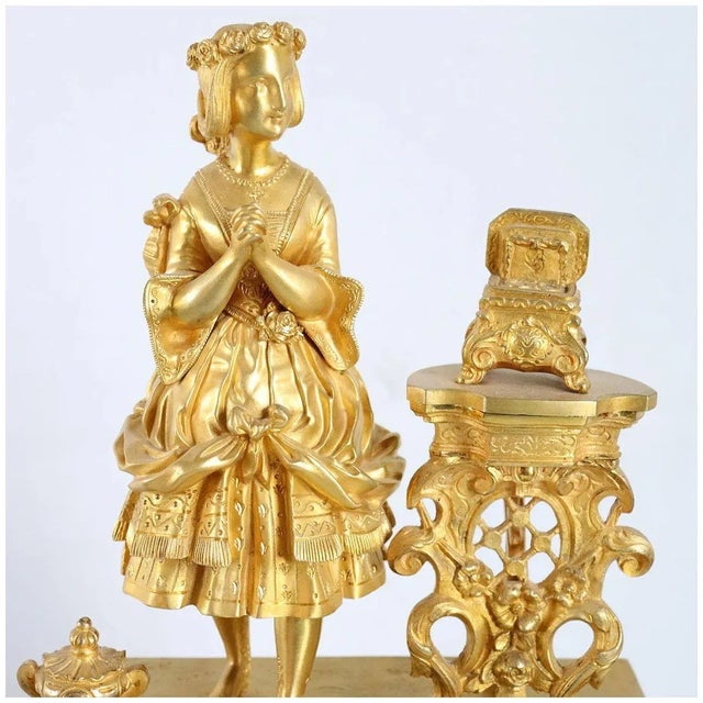 19th Century French Napoleon III Fire Gilt Bronze and Marble Figural Mantel Clock For Sale - Image 4 of 11
